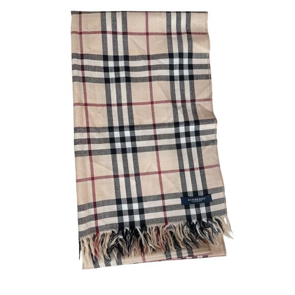 Burberry London Scarf Cotton Wool Blend Light Nova Check Beige Plaid Authentic - Picture 1 of 7